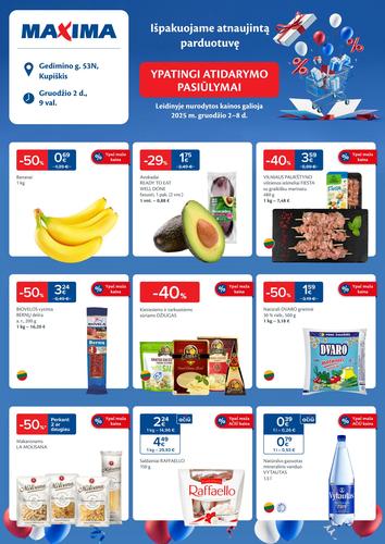 MAXIMA akcijų leidinys "Ypatingi atidarymo pasiūlymai atsinaujinusioje parduotuvėje Gedimino g. 53N, Kupiškyje" nuo gruodžio 2 d.